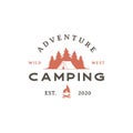 Vintage retro Forest camping logo emblem summer camping vector illustration with tent and pine trees silhouette