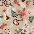 Vintage retro forest in seamless pattern vector with snake , wild leaves ,flowers,insect,butterfly,bees for fashion and all prints Royalty Free Stock Photo