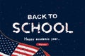 Vintage retro greeting card with flag and old-style texture and set of doodle icons.. Welcome Back to school. Concept for educatio