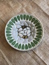 Vintage Retro Heart Shaped Ceramic Tile Dish - Bowl in Green Gray Black and White on Burlap Background