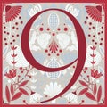 Vintage retro illustration in modern style of the number nine, flowers, branches and leaves. Art Nouveau and art Deco Royalty Free Stock Photo