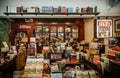 Vintage retro local bookshop with wooden bookshelf and a lot of Royalty Free Stock Photo