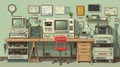 Vintage Retro Office Setup with Computers and Electronics Equipment Royalty Free Stock Photo