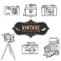 Vintage retro old camera collection. Hand drawn