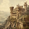 Vintage retro old English castle in the forest, stone walls, towers covered with ivy Royalty Free Stock Photo