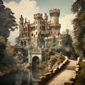 Vintage retro old English castle in the forest, stone walls, towers covered with ivy, postcard engraving style, Royalty Free Stock Photo