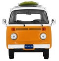 Vintage, Retro, Old-fashioned mini bus van T2 camper with surfboard isolated on white transparent background PNG orange