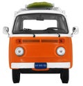 Vintage, Retro, Old-fashioned mini bus van T2 camper with surfboard isolated on white transparent background PNG orange