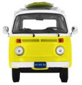 Vintage, Retro, Old-fashioned mini bus van T2 camper with surfboard isolated on white transparent background PNG yellow