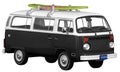 Vintage, Retro, Old-fashioned mini bus van T2 capmer with surfboard isolated on white transparent background PNG black Royalty Free Stock Photo