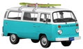 Vintage, Retro, Old-fashioned mini bus van T2 capmer with surfboard isolated on white transparent background PNG blue green Royalty Free Stock Photo