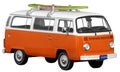 Vintage, Retro, Old-fashioned mini bus van T2 capmer with surfboard isolated on white transparent background PNG orange