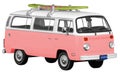 Vintage, Retro, Old-fashioned mini bus van T2 capmer with surfboard isolated on white transparent background PNG pink