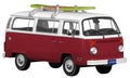 Vintage, Retro, Old-fashioned mini bus van T2 capmer with surfboard isolated on white transparent background PNG red Royalty Free Stock Photo