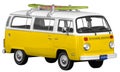 Vintage, Retro, Old-fashioned mini bus van T2 capmer with surfboard isolated on white transparent background PNG yellow