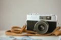 Vintage retro old film camera. Classic Range finder photography camera with copy space Royalty Free Stock Photo