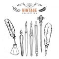 Vintage retro old nib pen brush ink collection. Hand drawn vector Royalty Free Stock Photo