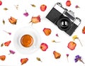 Vintage retro photo camera, dried roses and coffee cup isolated on white background. Flat lay Royalty Free Stock Photo