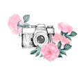 Vintage retro photo camera in flowers, leaves, branches on white background. Hand drawn Vector Royalty Free Stock Photo