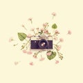 Vintage retro photo camera, pink roses the fairy and leaves