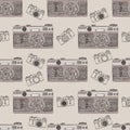 Vintage retro photo camera seamless pattern. Mandala style fabric design. Boho style vector illustration. Royalty Free Stock Photo