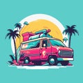 Vintage retro poster with car, suitcase, and Palm trees on the beach. Neon Retro color style Royalty Free Stock Photo