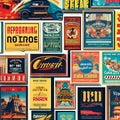 1105 Vintage Retro Posters: A vintage and retro-inspired background featuring vintage retro posters with retro illustrations, re