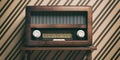 Radio old fashioned on wooden table, retro wall background, 3d illustration