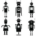 Vintage retro robots icons set in black and white set of 6