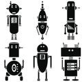 Vintage retro robots icons set in black and white set of 6 ( set B)