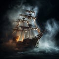 Vintage retro sailing ship in smoke, foam and spray on a black background,