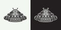 Vintage retro space ufo alien ship. Can be used for logo, badge, label. mark, poster or print. Monochrome Graphic Art. Vector