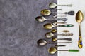 Vintage and retro spoons set, collection of silverware spoons Royalty Free Stock Photo