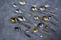 Vintage and retro spoons set, collection of silverware spoons Royalty Free Stock Photo