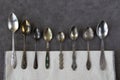 Vintage and retro spoons set, collection of silverware spoons Royalty Free Stock Photo