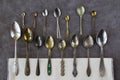 Vintage and retro spoons set, collection of silverware spoons Royalty Free Stock Photo