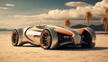 Vintage retro sports car in visually stunning futuristic landscape with vibrant colors Royalty Free Stock Photo