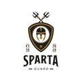 Vintage Retro Style for Roman Sparta Spartan Logo. With Spartacus armor helmet warrior, shield, and cross trident icon