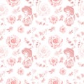 Vintage retro style seamless pattern with women portrait and delicate pink flowers on white background. Royalty Free Stock Photo