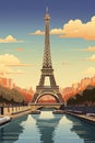 A Vintage Retro Style Travel Poster For Paris, France With The Famous Eiffel Tower And River Seine