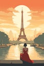 A Vintage Retro Style Travel Poster For Paris, France With The Famous Eiffel Tower And River Seine