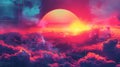 Vintage retro stylezed sunset in pink clouds background, vivid trendy colors modern banner with colorful grunge elements