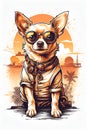 Vintage Retro Sunset Distressed Design A Cute Chihuahua in Steampunk Cartoon Style Royalty Free Stock Photo