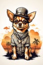 Vintage Retro Sunset Distressed Design Meets Steampunk A Cute Chihuahua Dog in Whimsical Cartoon St Royalty Free Stock Photo