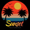 Vintage retro sunset logo badges for t-shirts and other print production. California 70s-style concept. Graphic vector flat design Royalty Free Stock Photo