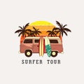 Vintage Retro Surf Van With Palm Trees On The Background Of The Sun. Hand-drawn T-shirt With A Pattern, Print. Vector Illustration