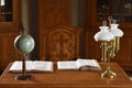Vintage Retro Table with Globe, Books and Lamp