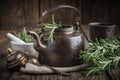 Vintage retro teapot, bunch of fresh rosemary herbs, cup of healthy herbal tea and mortar. Royalty Free Stock Photo