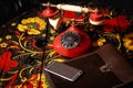 An old telephone set on a painted table Royalty Free Stock Photo