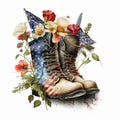 Vintage Retro Veteran Boots with American Flag, Flowers, Florals, Isolated on White Background - Generative AI